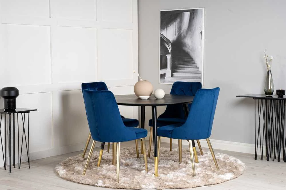 Venture Design Valgomojo stalas, Dipp, ⌀115 cm, Juodas, Velvečio prabanga kėdė, 66x88.5x50 cm, Mėlyna