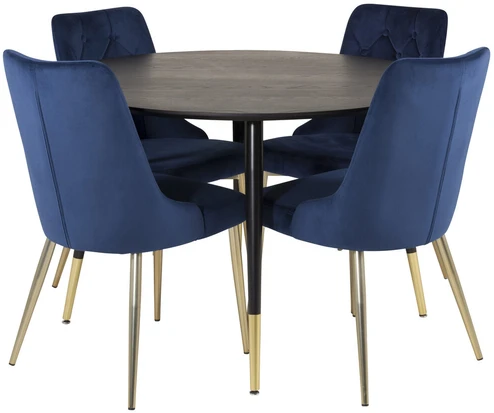 Venture Design Valgomojo stalas, Dipp, ⌀115 cm, Juodas, Velvečio prabanga kėdė, 66x88.5x50 cm, Mėlyna