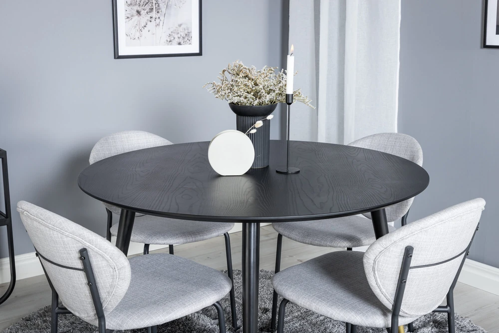 Venture Design Valgomojo stalas, Dipp, ⌀115 cm, Juodas / Valgomasis kėdė, Vault, 61.5x80x46 cm, Pilka