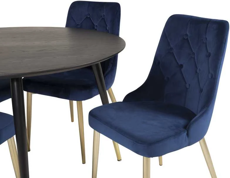 Venture Design Valgomojo stalas, Dipp, ⌀115 cm, Juodas, Velvečio prabanga kėdė, 66x88.5x50 cm, Mėlyna