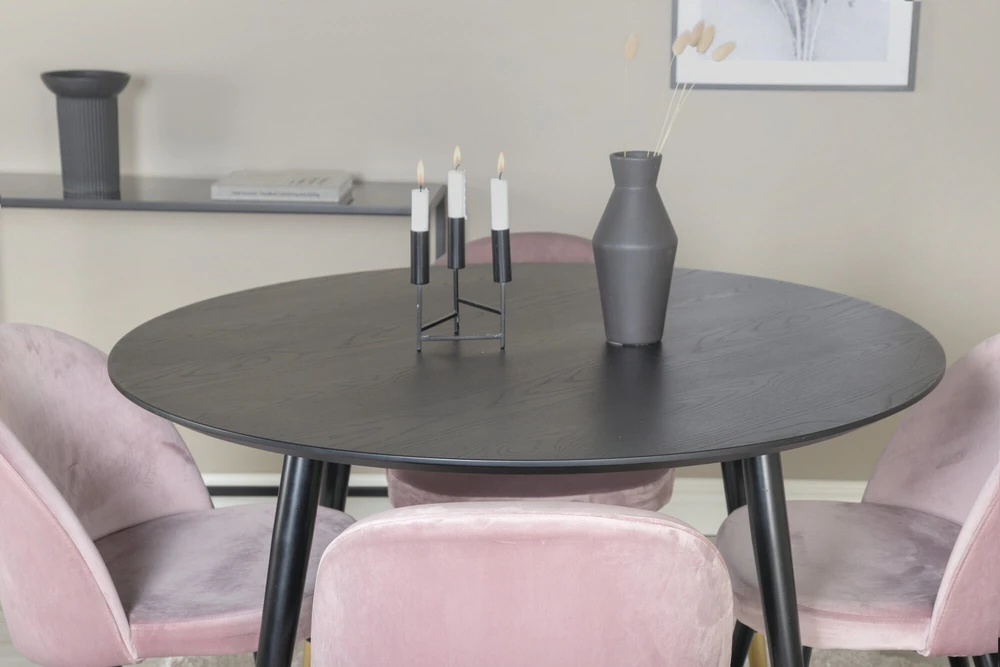 Venture Design Valgomojo stalas, Dipp, ⌀115 cm, Juodas, Valgomasis kėdė, Velvetas, 57x76.5x50 cm, Rožinė