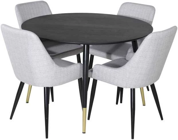 Venture Design Valgomojo stalas, Dipp, 115 cm, Juodas / Valgomasis kėdė, Plaza, 58x86x49 cm, Šviesiai pilka