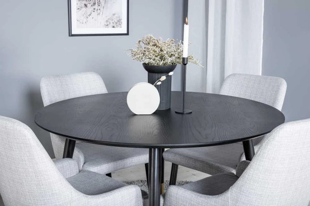 Venture Design Valgomojo stalas, Dipp, 115 cm, Juodas / Valgomasis kėdė, Plaza, 58x86x49 cm, Šviesiai pilka