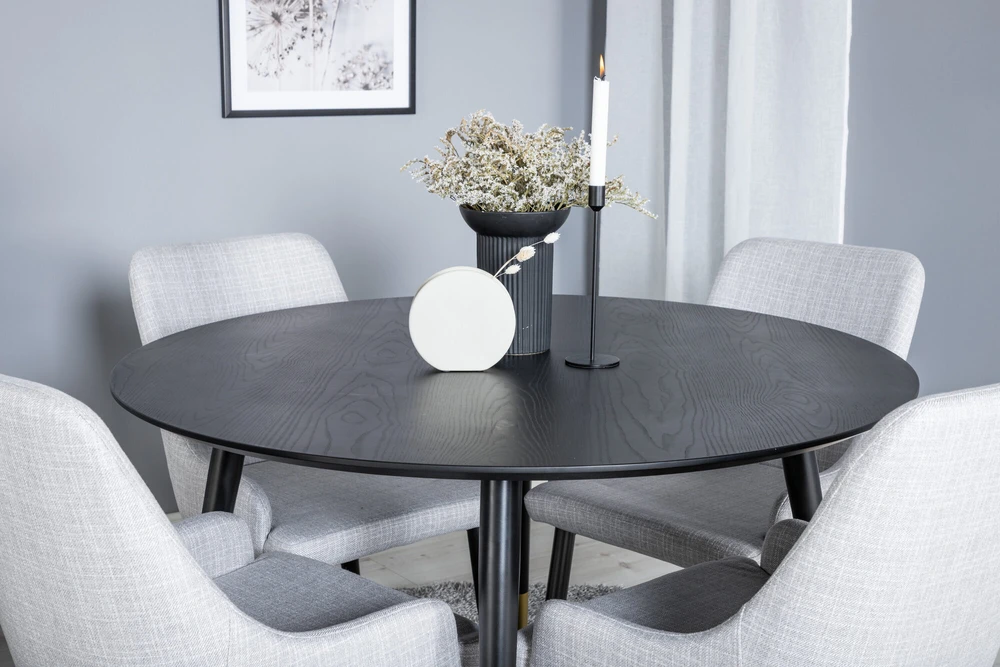 Venture Design Valgomojo stalas, Dipp, 115 cm, Juodas / Valgomasis kėdė, Plaza, 58x86x49 cm, Šviesiai pilka