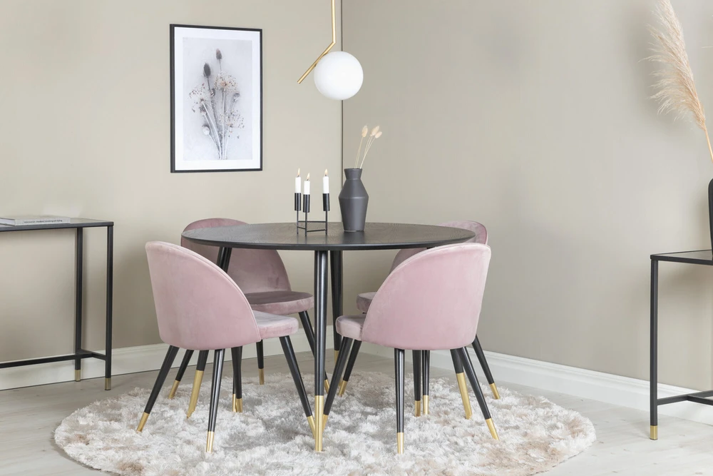 Venture Design Valgomojo stalas, Dipp, ⌀115 cm, Juodas, Valgomasis kėdė, Velvetas, 57x76.5x50 cm, Rožinė