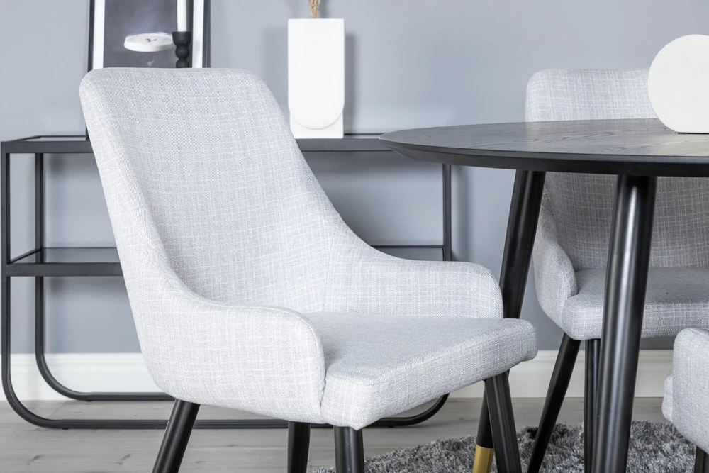 Venture Design Valgomojo stalas, Dipp, 115 cm, Juodas / Valgomasis kėdė, Plaza, 58x86x49 cm, Šviesiai pilka