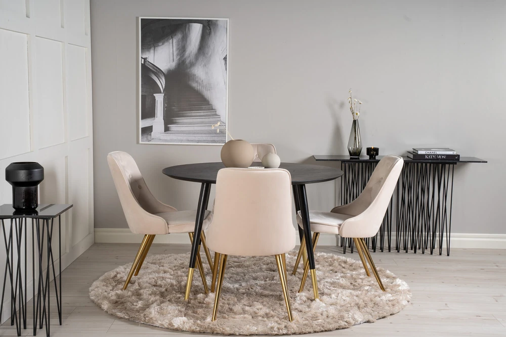 Venture Design Valgomojo stalas, Dipp, 115 cm, Juodas / Valgomasis kėdė, Velvet Deluxe, 66x88.5x50 cm, Beždžiovyšė