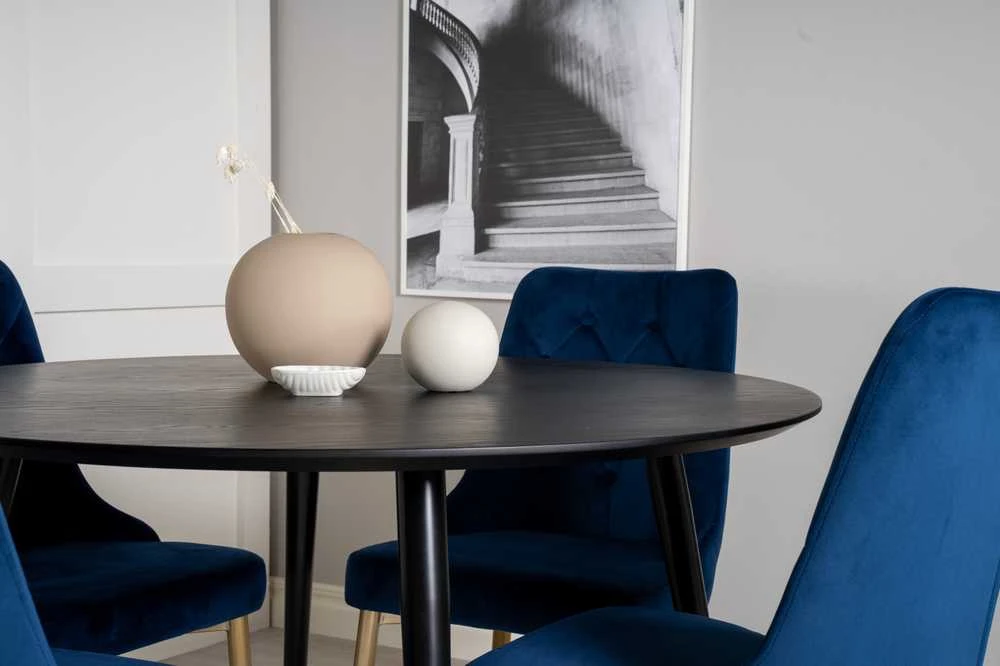 Venture Design Valgomojo stalas, Dipp, ⌀115 cm, Juodas, Velvečio prabanga kėdė, 66x88.5x50 cm, Mėlyna