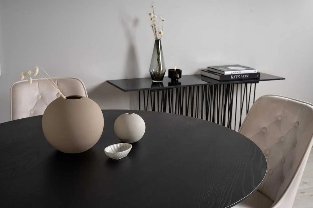 Venture Design Valgomojo stalas, Dipp, 115 cm, Juodas / Valgomasis kėdė, Velvet Deluxe, 66x88.5x50 cm, Beždžiovyšė
