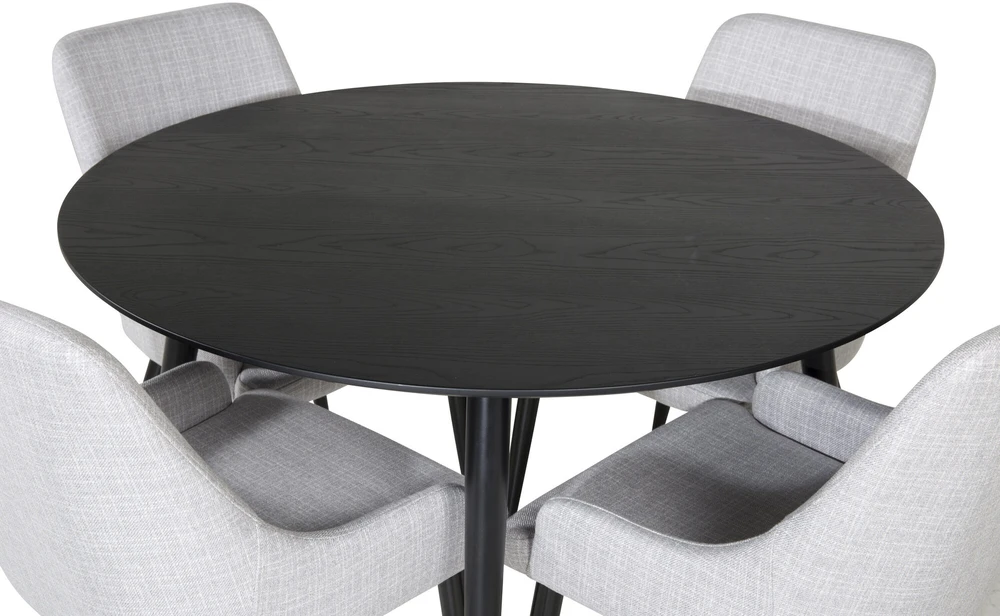Venture Design Valgomojo stalas, Dipp, 115 cm, Juodas / Valgomasis kėdė, Plaza, 58x86x49 cm, Šviesiai pilka