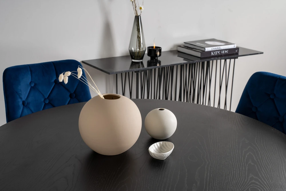 Venture Design Valgomojo stalas, Dipp, ⌀115 cm, Juodas, Velvečio prabanga kėdė, 66x88.5x50 cm, Mėlyna