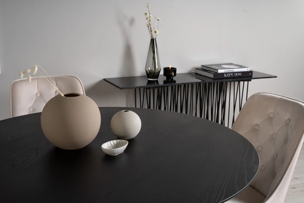 Venture Design Valgomojo stalas, Dipp, 115 cm, Juodas / Valgomasis kėdė, Velvet Deluxe, 66x88.5x50 cm, Beždžiovyšė