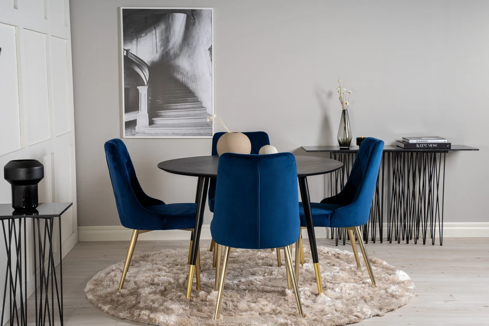 Venture Design Valgomojo stalas, Dipp, ⌀115 cm, Juodas, Velvečio prabanga kėdė, 66x88.5x50 cm, Mėlyna