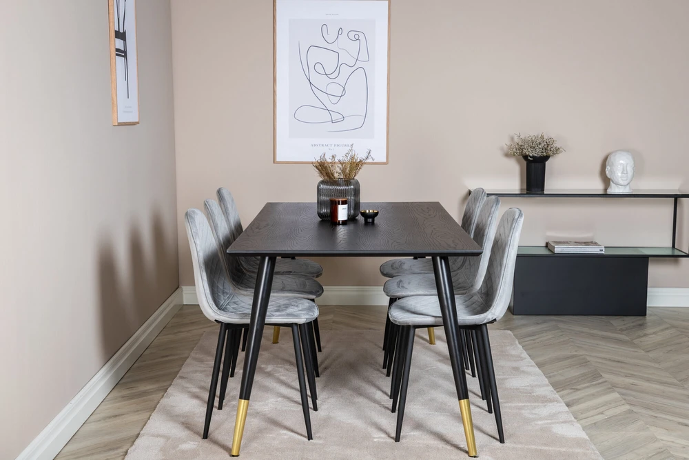 Venture Design Valgomojo stalas, Dipp, 180x90 cm, Juodas / Valgomasis kėdė, Polar Diamond, Juodos kojos, Pilka
