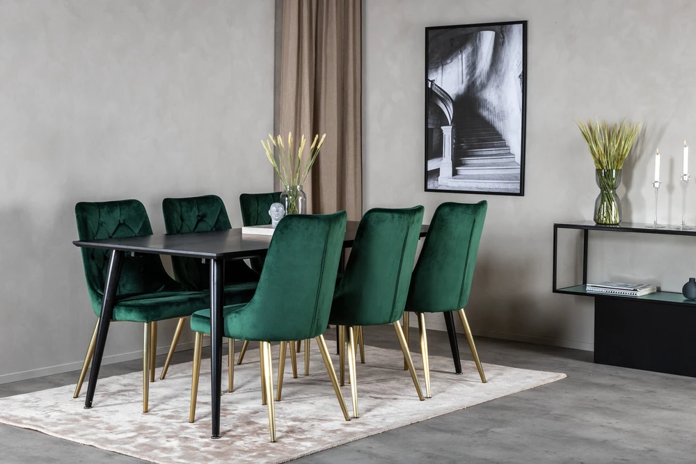 Venture Design Valgomojo stalas, Dipp, 180x90 cm, Juodas / Valgomasis kėdė, Velvet Deluxe, Žalia