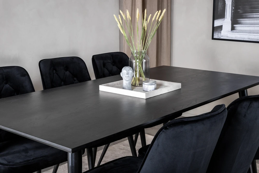 Venture Design Valgomojo stalas, Dipp, 180x90 cm, Juodas / Valgomasis kėdė, Velvet Deluxe, Juoda
