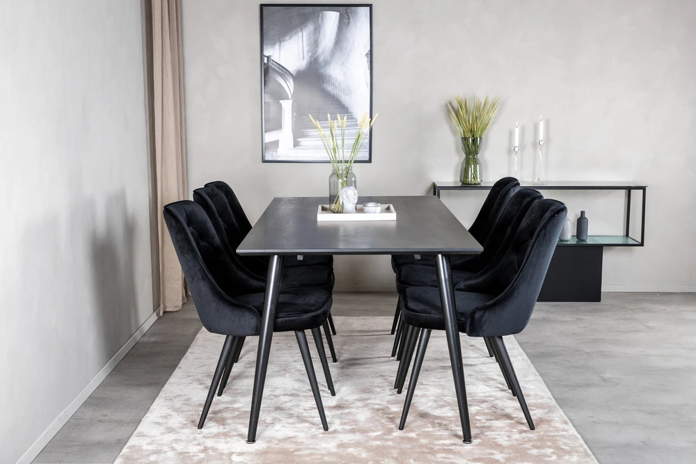 Venture Design Valgomojo stalas, Dipp, 180x90 cm, Juodas / Valgomasis kėdė, Velvet Deluxe, Juoda