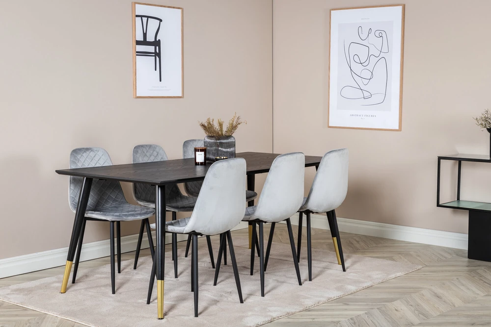 Venture Design Valgomojo stalas, Dipp, 180x90 cm, Juodas / Valgomasis kėdė, Polar Diamond, Juodos kojos, Pilka