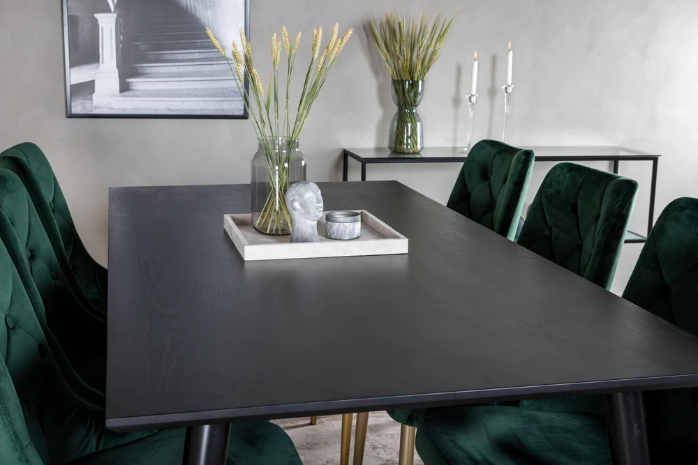 Venture Design Valgomojo stalas, Dipp, 180x90 cm, Juodas / Valgomasis kėdė, Velvet Deluxe, Žalia