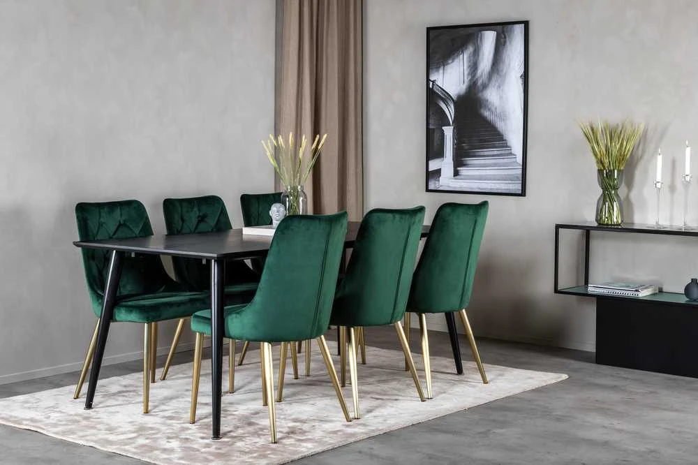 Venture Design Valgomojo stalas, Dipp, 180x90 cm, Juodas / Valgomasis kėdė, Velvet Deluxe, Žalia