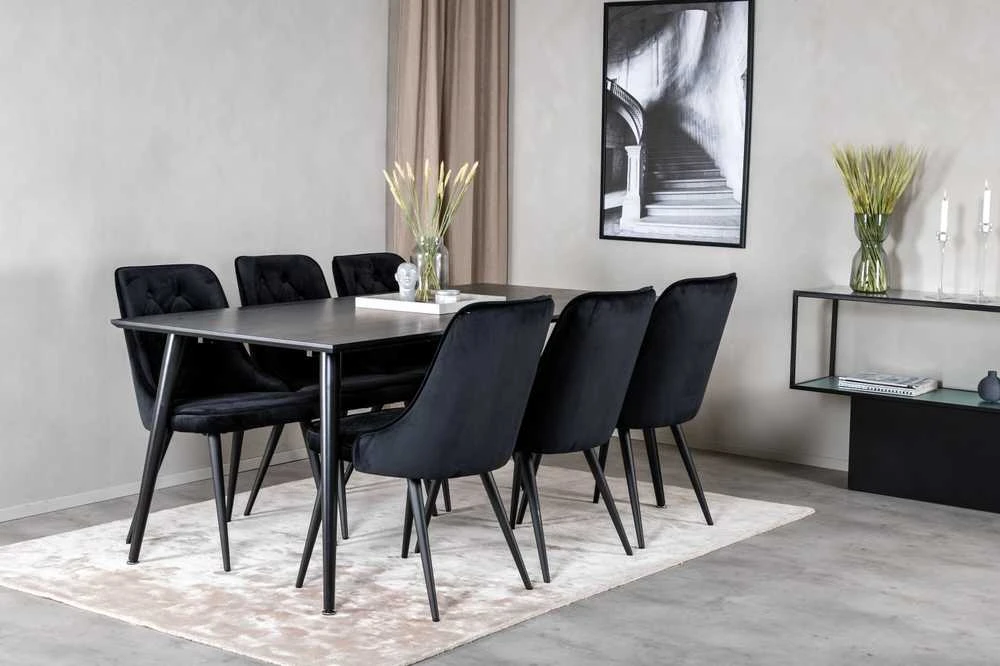 Venture Design Valgomojo stalas, Dipp, 180x90 cm, Juodas / Valgomasis kėdė, Velvet Deluxe, Juoda