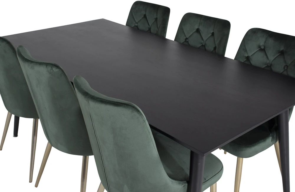 Venture Design Valgomojo stalas, Dipp, 180x90 cm, Juodas / Valgomasis kėdė, Velvet Deluxe, Žalia