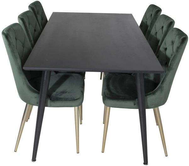 Venture Design Valgomojo stalas, Dipp, 180x90 cm, Juodas / Valgomasis kėdė, Velvet Deluxe, Žalia