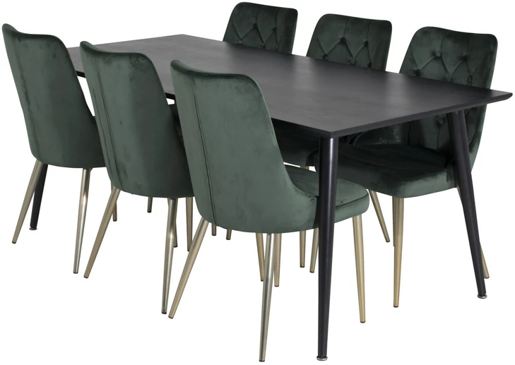 Venture Design Valgomojo stalas, Dipp, 180x90 cm, Juodas / Valgomasis kėdė, Velvet Deluxe, Žalia