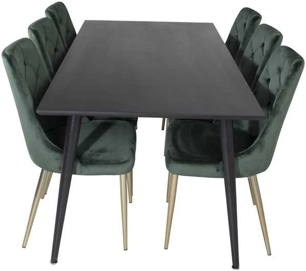 Venture Design Valgomojo stalas, Dipp, 180x90 cm, Juodas / Valgomasis kėdė, Velvet Deluxe, Žalia