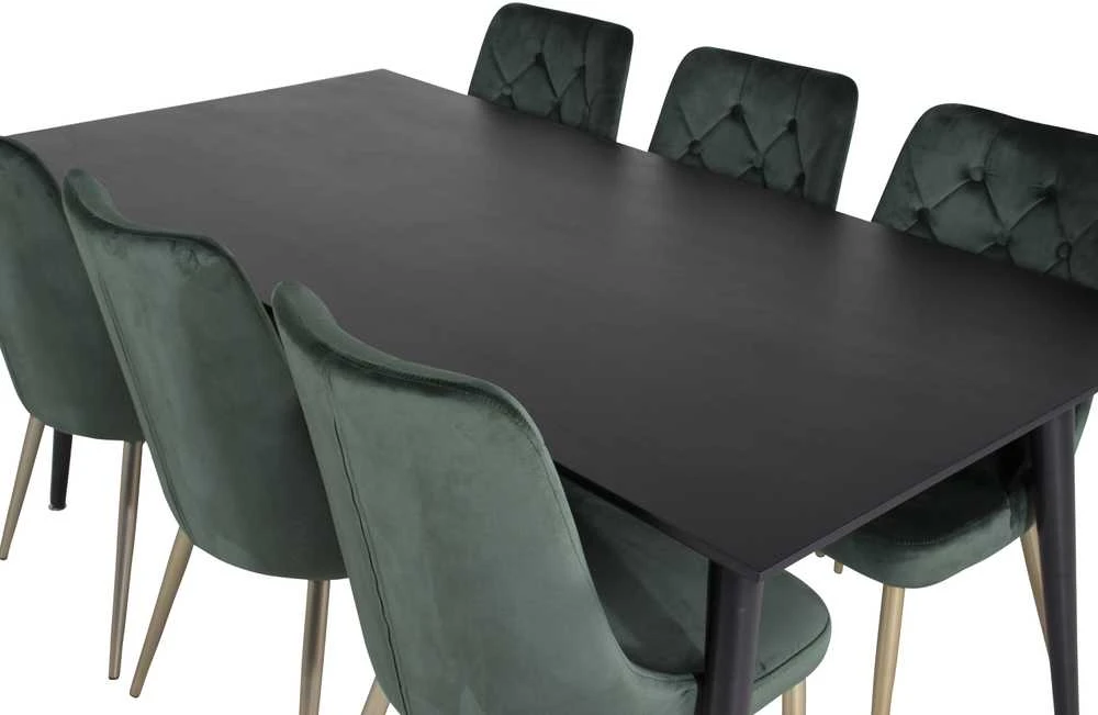 Venture Design Valgomojo stalas, Dipp, 180x90 cm, Juodas / Valgomasis kėdė, Velvet Deluxe, Žalia