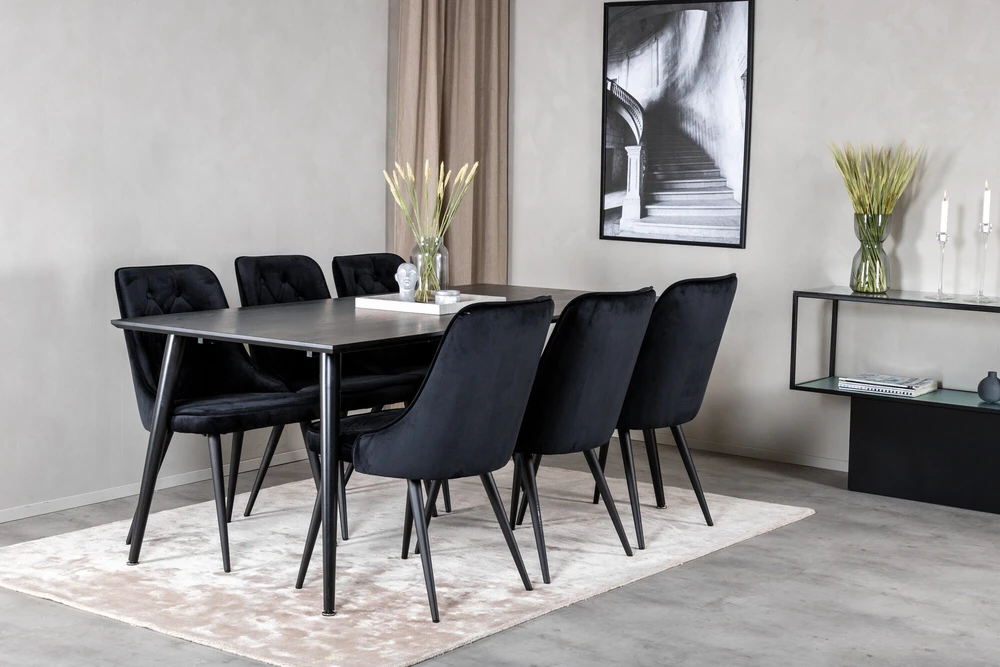 Venture Design Valgomojo stalas, Dipp, 180x90 cm, Juodas / Valgomasis kėdė, Velvet Deluxe, Juoda