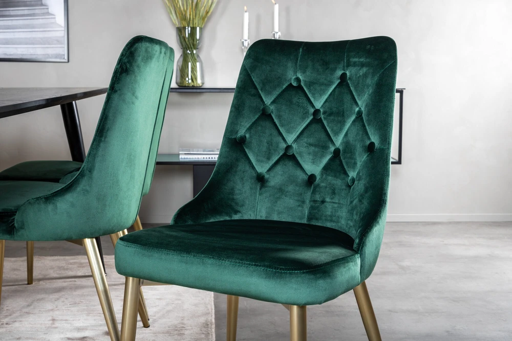 Venture Design Valgomojo stalas, Dipp, 180x90 cm, Juodas / Valgomasis kėdė, Velvet Deluxe, Žalia
