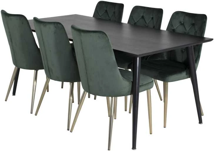 Venture Design Valgomojo stalas, Dipp, 180x90 cm, Juodas / Valgomasis kėdė, Velvet Deluxe, Žalia