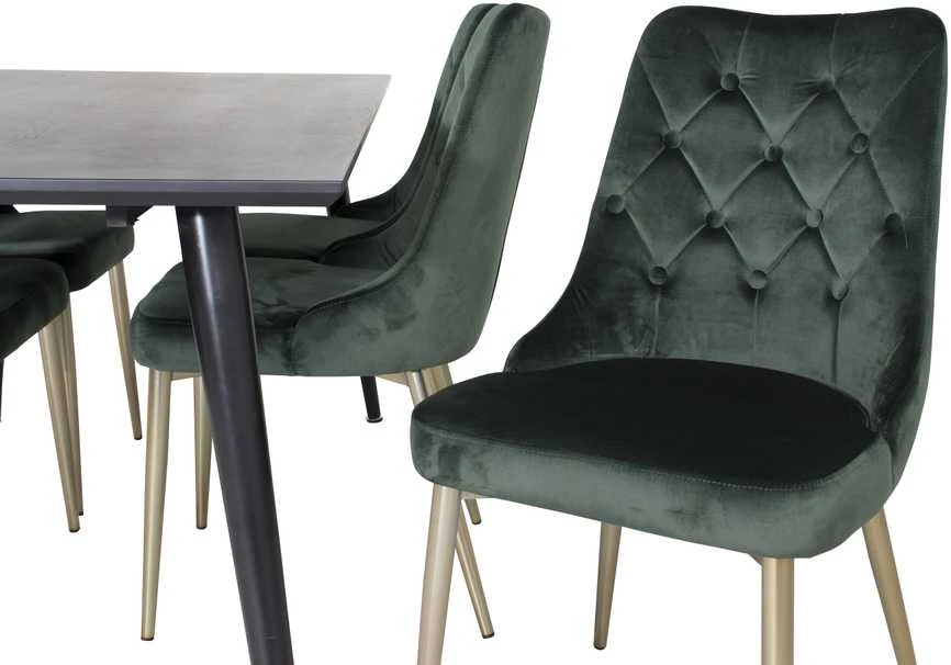 Venture Design Valgomojo stalas, Dipp, 180x90 cm, Juodas / Valgomasis kėdė, Velvet Deluxe, Žalia
