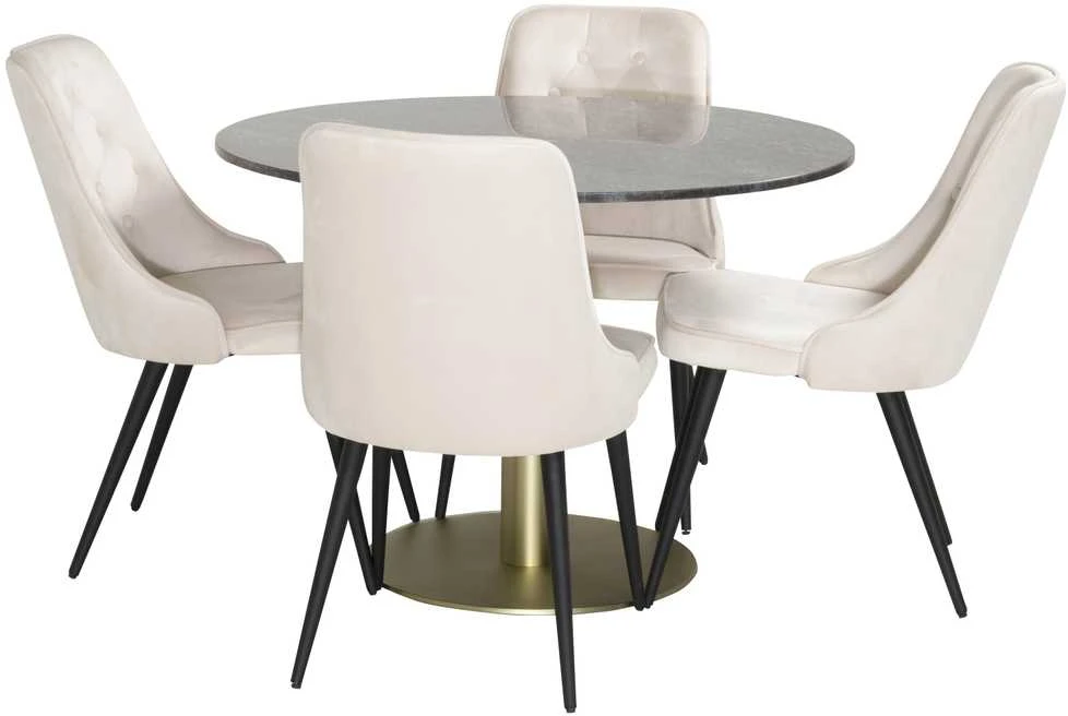Venture Design Valgomojo stalas, Estelle, ⌀106 cm, Pilka marmuras / Valgomasis kėdė, Velvet Deluxe, 66x88.5x50 cm, Beždžionėlė