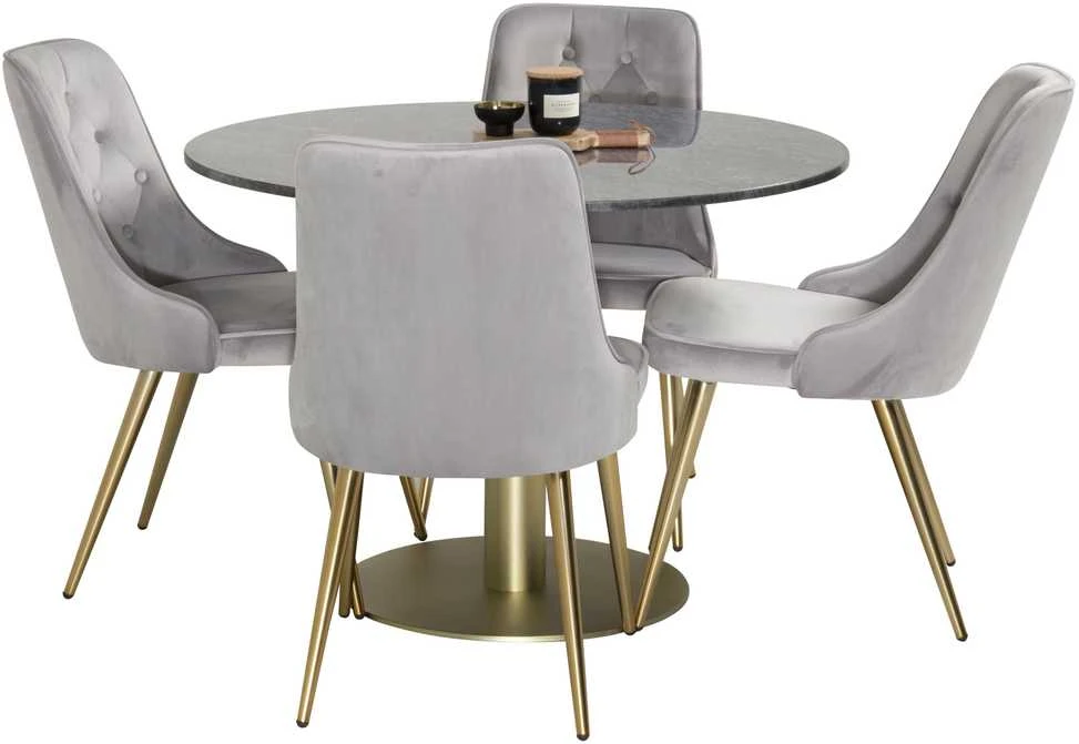 Venture Design Valgomojo stalas, Estelle, 106 cm, Pilka marmuras / Bronza - Valgomasis kėdė, Velvet Deluxe, 66x88.5x50 cm, Šviesiai pilkas velvetinis