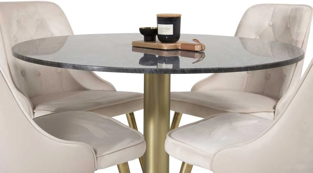 Venture Design Valgomojo stalas, Estelle, ⌀106 cm, Pilka marmuras / Valgomasis kėdė, Velvet Deluxe, 66x88.5x50 cm, kreminė spalva