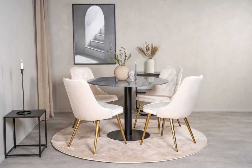 Venture Design Valgomojo stalas, Estelle, ø106xA75 cm, Juodas / Valgomasis kėdė, Velvet Deluxe, 66x88.5x50 cm, Bėžinės spalva