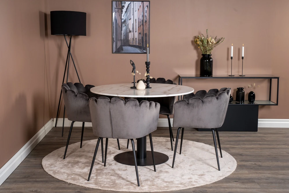 Venture Design Valgomojo stalas, Estelle, ø106 cm, Juoda/Balta Marmuras, Kėdė, Limhamn, 54x76x61 cm, Pilka