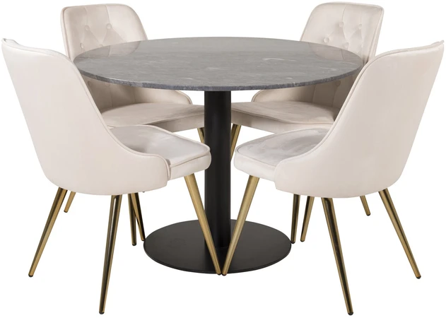 Venture Design Valgomojo stalas, Estelle, ø106xA75 cm, Juodas / Valgomasis kėdė, Velvet Deluxe, 66x88.5x50 cm, Bėžinės spalva