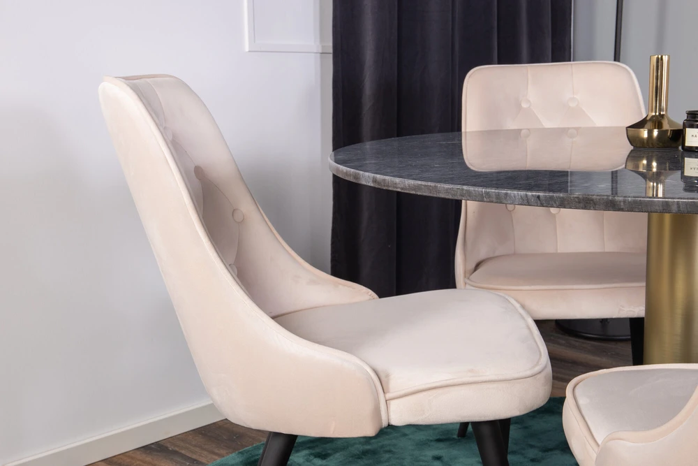 Venture Design Valgomojo stalas, Estelle, ⌀106 cm, Pilka marmuras / Valgomasis kėdė, Velvet Deluxe, 66x88.5x50 cm, Bėžinė
