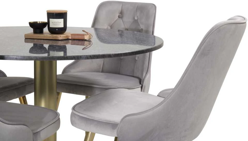 Venture Design Valgomojo stalas, Estelle, 106 cm, Pilka marmuras / Bronza - Valgomasis kėdė, Velvet Deluxe, 66x88.5x50 cm, Šviesiai pilkas velvetinis