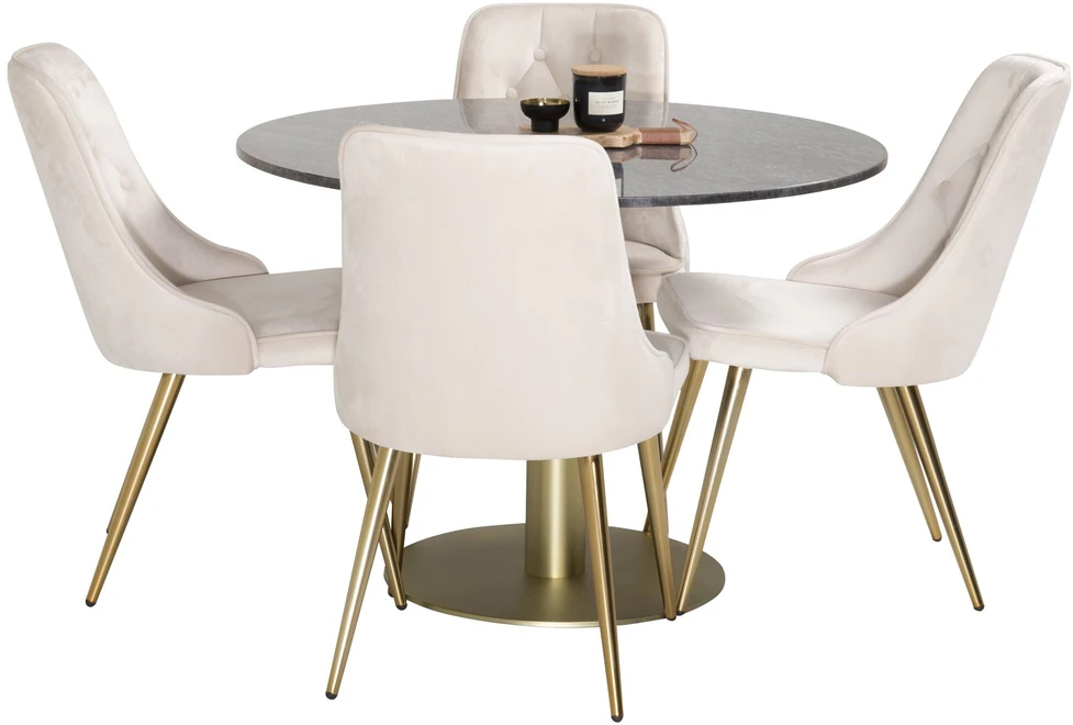 Venture Design Valgomojo stalas, Estelle, ⌀106 cm, Pilka marmuras / Valgomasis kėdė, Velvet Deluxe, 66x88.5x50 cm, Bėžinės spalva