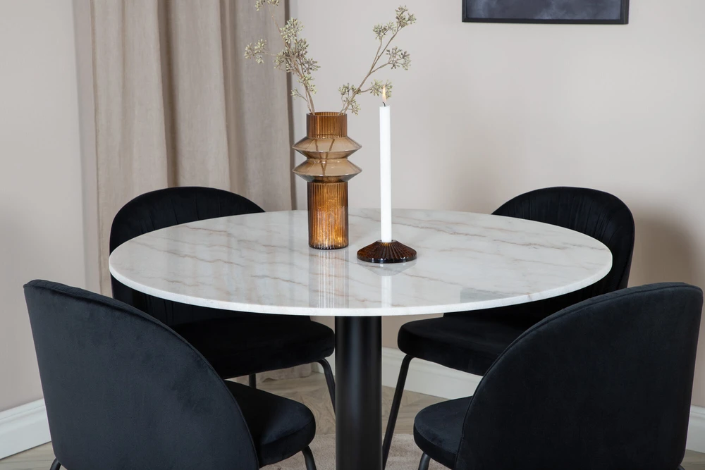 Venture Design Valgomojo stalas, Estelle, ø106x75 cm, Balta / Valgomasis kėdė, Raukšlės, 50x79.5x49 cm, Juoda