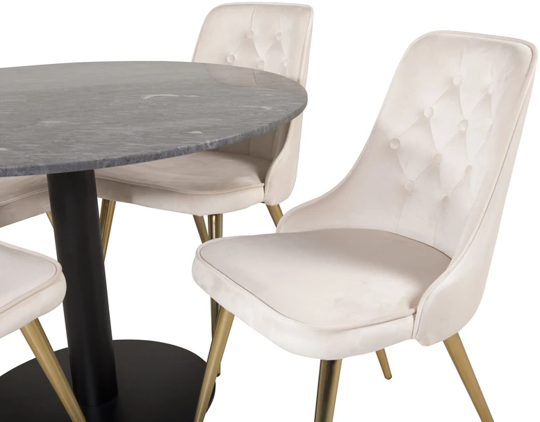 Venture Design Valgomojo stalas, Estelle, ø106xA75 cm, Juodas / Valgomasis kėdė, Velvet Deluxe, 66x88.5x50 cm, Bėžinės spalva