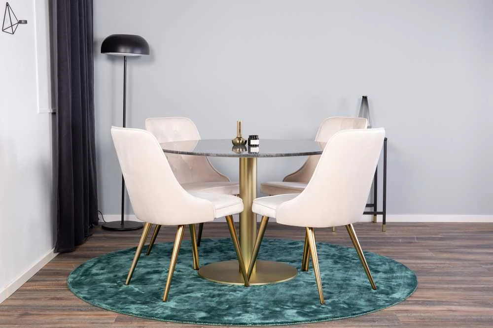 Venture Design Valgomojo stalas, Estelle, ⌀106 cm, Pilka marmuras / Valgomasis kėdė, Velvet Deluxe, 66x88.5x50 cm, kreminė spalva