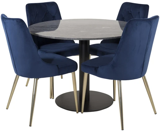 Venture Design Valgomojo stalas, Estelle, 106 cm, Pilka/Juoda, Veltinė prabangi kėdė, Mėlyna/Medžio švartas