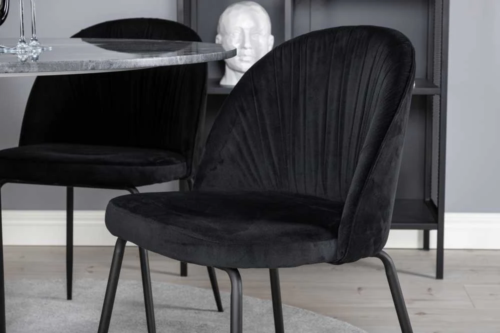 Venture Design Valgomojo stalas, Estelle apvalus, ø106 A75 cm, Juodas / Valgomasis kėdė, Raukšlės, 50x79.5x49 cm, Juoda