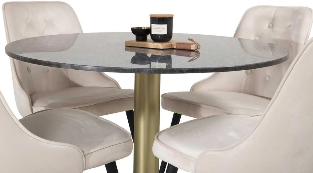 Venture Design Valgomojo stalas, Estelle, ⌀106 cm, Pilka marmuras / Valgomasis kėdė, Velvet Deluxe, 66x88.5x50 cm, Beždžionėlė