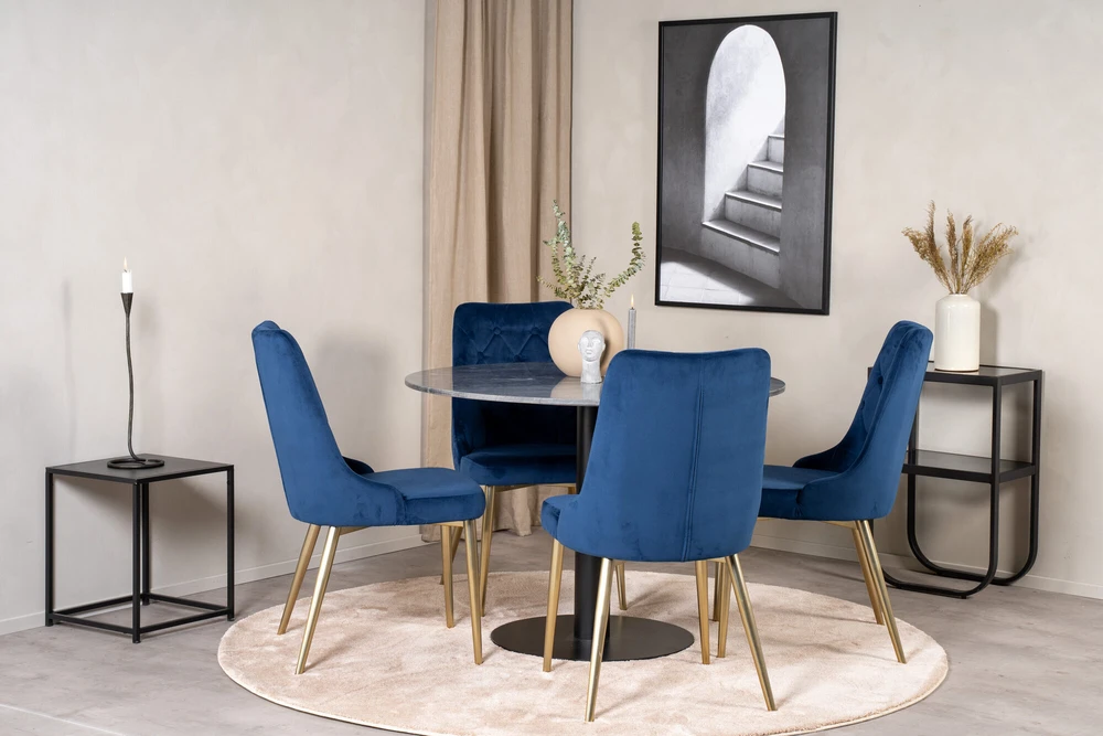 Venture Design Valgomojo stalas, Estelle, 106 cm, Pilka/Juoda, Veltinė prabangi kėdė, Mėlyna/Medžio švartas